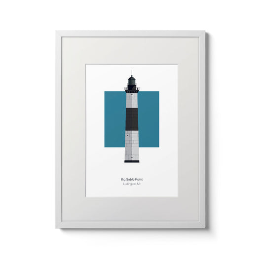 Illustration of the Big Sable Point lighthouse, Rhode Island, USA. On a white background with aqua blue square as a backdrop., in a white frame  and measuring 11"x14" (30x40cm).