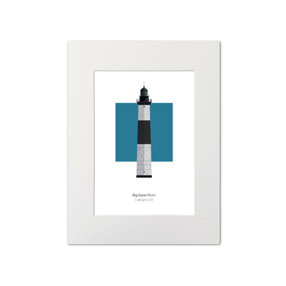 Illustration of the Big Sable Point lighthouse, Rhode Island, USA. On a white background with aqua blue square as a backdrop., mounted and measuring 11"x14" (30x40cm).