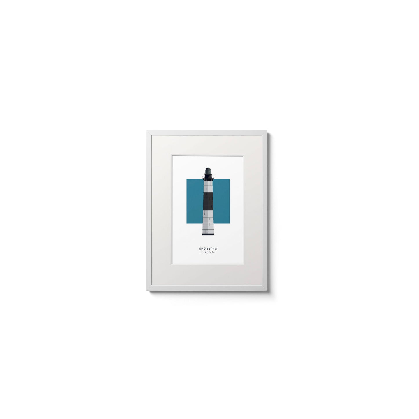Illustration of the Big Sable Point lighthouse, Rhode Island, USA. On a white background with aqua blue square as a backdrop., in a white frame  and measuring 6"x8" (15x20cm).