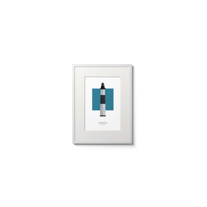 Illustration of the Big Sable Point lighthouse, Rhode Island, USA. On a white background with aqua blue square as a backdrop., in a white frame  and measuring 6"x8" (15x20cm).