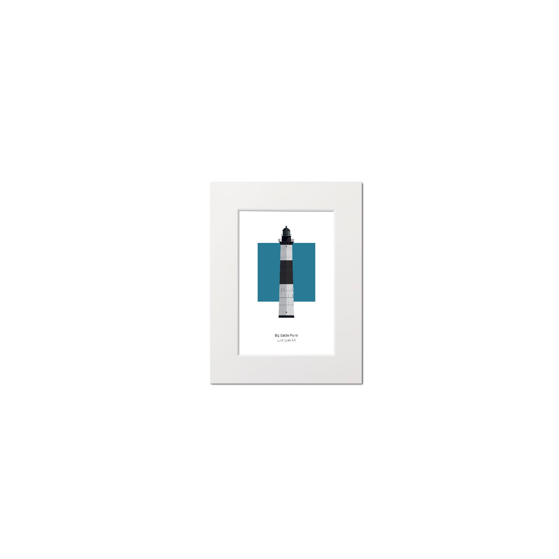 Illustration of the Big Sable Point lighthouse, Rhode Island, USA. On a white background with aqua blue square as a backdrop., mounted and measuring 6"x8" (15x20cm).