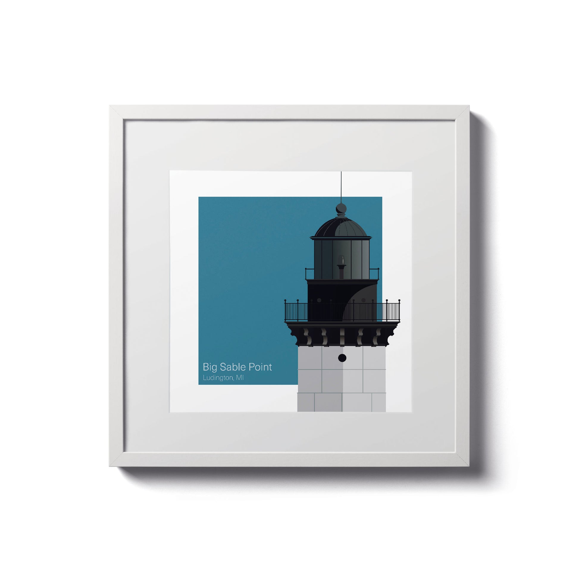 Illustration of the Big Sable Point lighthouse, MI, USA. On a white background with aqua blue square as a backdrop., in a white frame  and measuring 8"x8" (20x20cm).