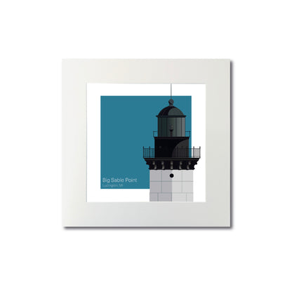 Illustration of the Big Sable Point lighthouse, MI, USA. On a white background with aqua blue square as a backdrop., mounted and measuring 8"x8" (20x20cm).