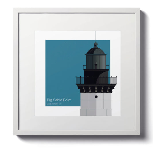 Illustration of the Big Sable Point lighthouse, MI, USA. On a white background with aqua blue square as a backdrop., in a white frame  and measuring 12"x12" (30x30cm).