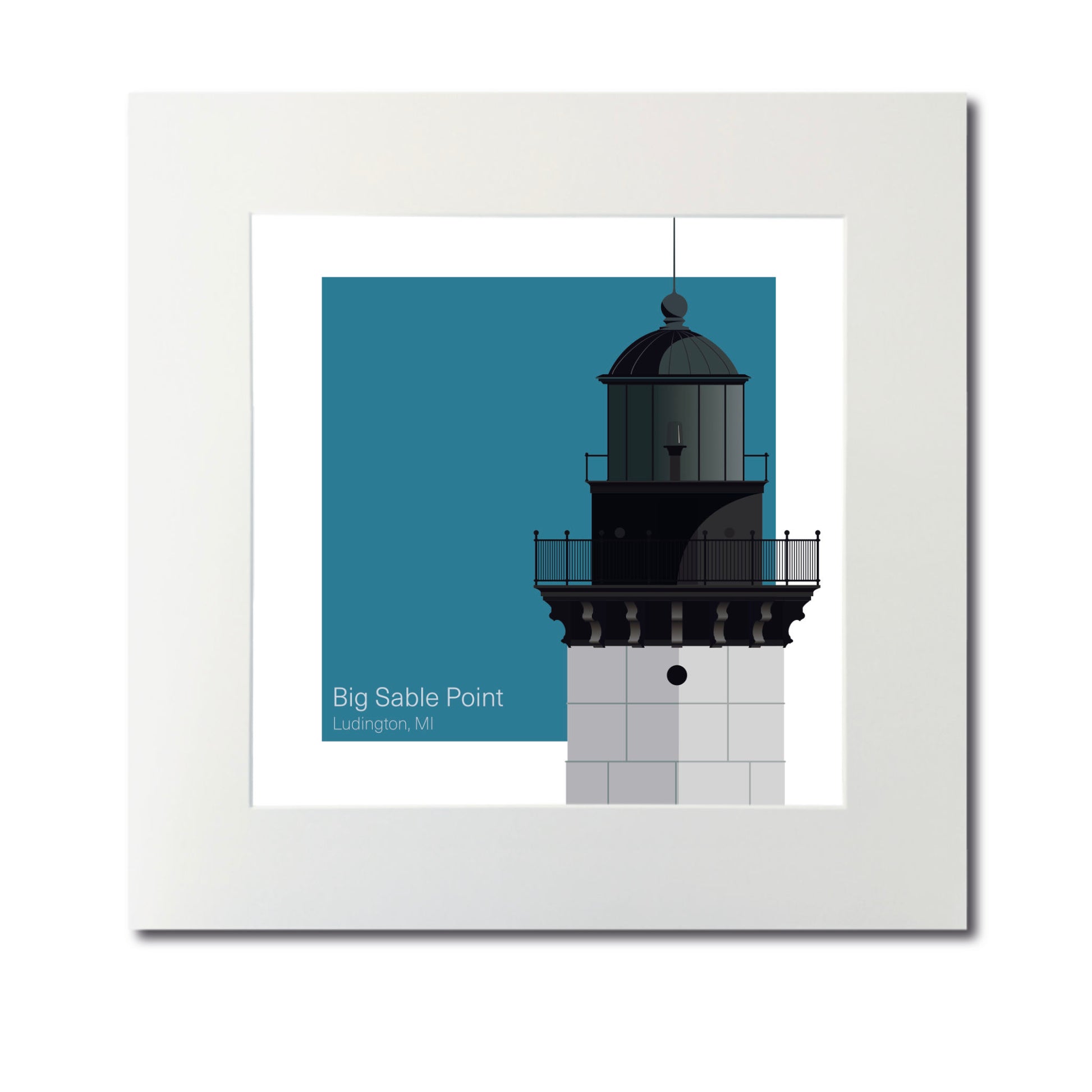 Illustration of the Big Sable Point lighthouse, MI, USA. On a white background with aqua blue square as a backdrop., mounted and measuring 12"x12" (30x30cm).