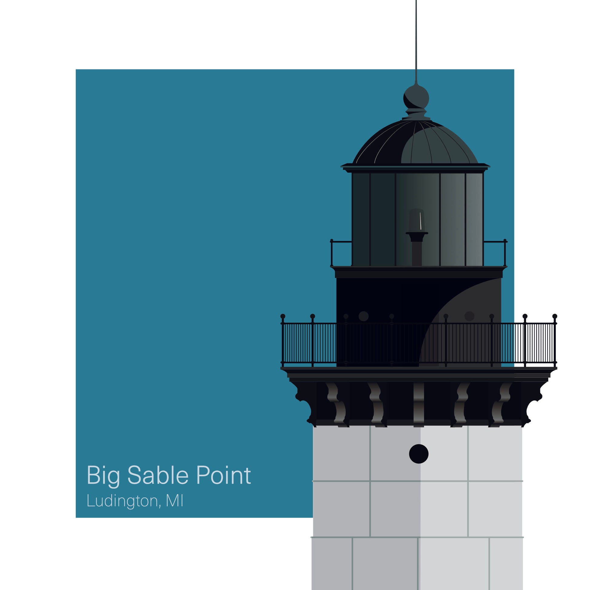 Illustration of the Big Sable Point lighthouse, MI, USA. On a white background with aqua blue square as a backdrop.