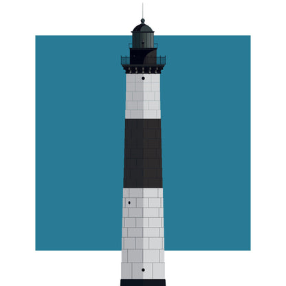 Illustration of the Big Sable Point lighthouse, Rhode Island, USA. On a white background with aqua blue square as a backdrop.