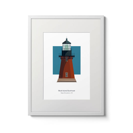 Illustration of the Block Island Southeast lighthouse, Rhode Island, USA. On a white background with aqua blue square as a backdrop., in a white frame  and measuring 11"x14" (30x40cm).