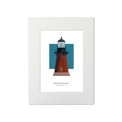 Illustration of the Block Island Southeast lighthouse, Rhode Island, USA. On a white background with aqua blue square as a backdrop., mounted and measuring 11"x14" (30x40cm).