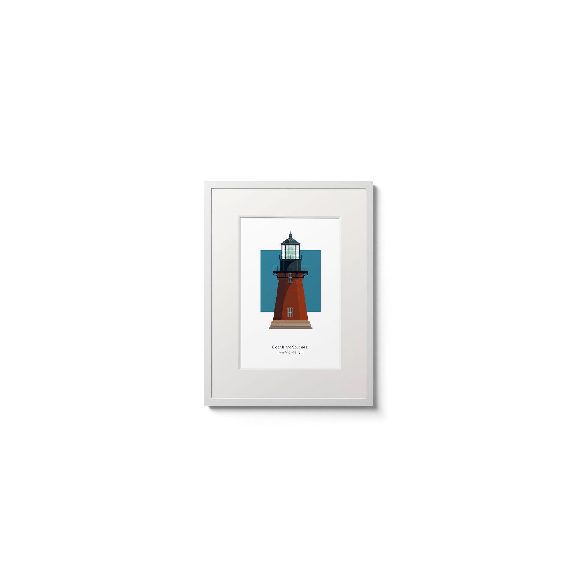 Illustration of the Block Island Southeast lighthouse, Rhode Island, USA. On a white background with aqua blue square as a backdrop., in a white frame  and measuring 6"x8" (15x20cm).