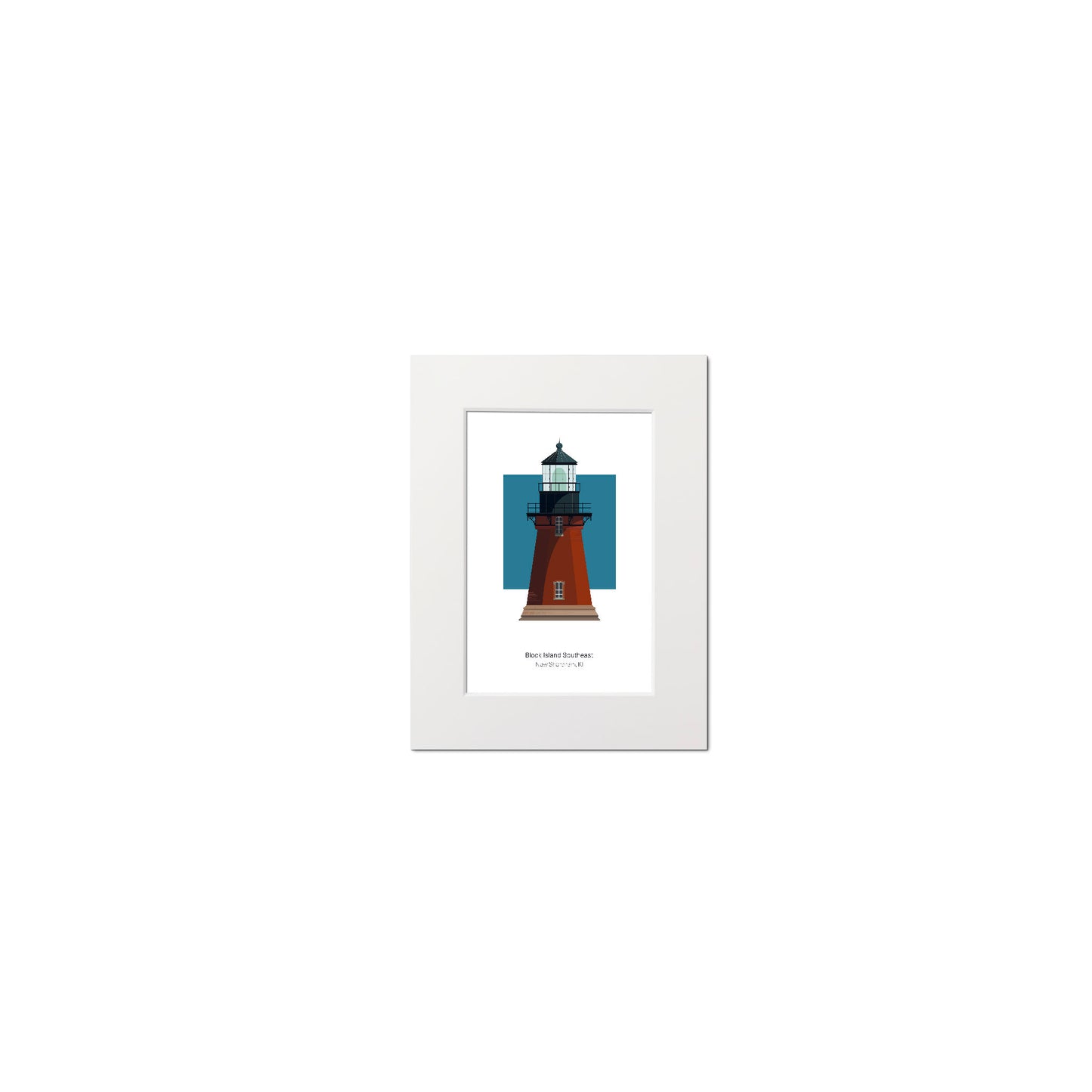 Illustration of the Block Island Southeast lighthouse, Rhode Island, USA. On a white background with aqua blue square as a backdrop., mounted and measuring 6"x8" (15x20cm).