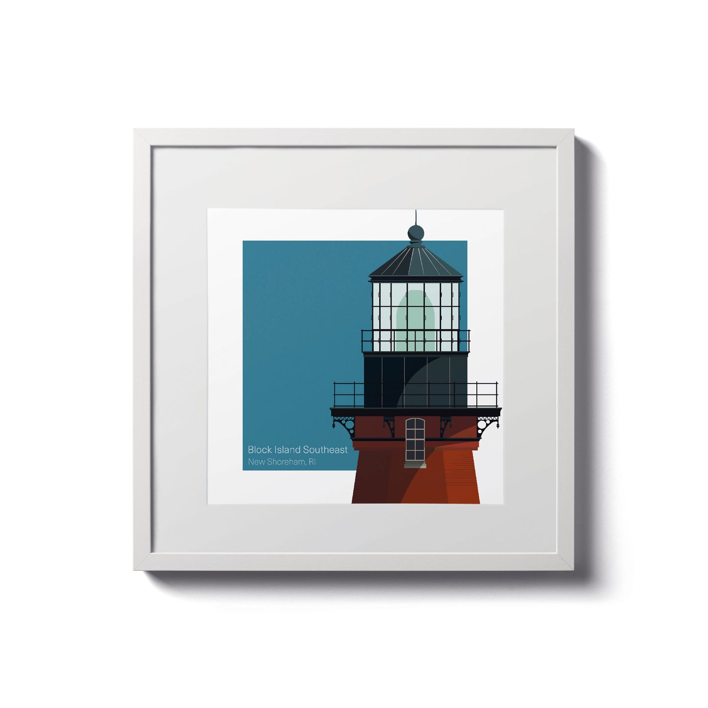 Illustration of the Block Island Southeast lighthouse, RI, USA. On a white background with aqua blue square as a backdrop., in a white frame  and measuring 8"x8" (20x20cm).