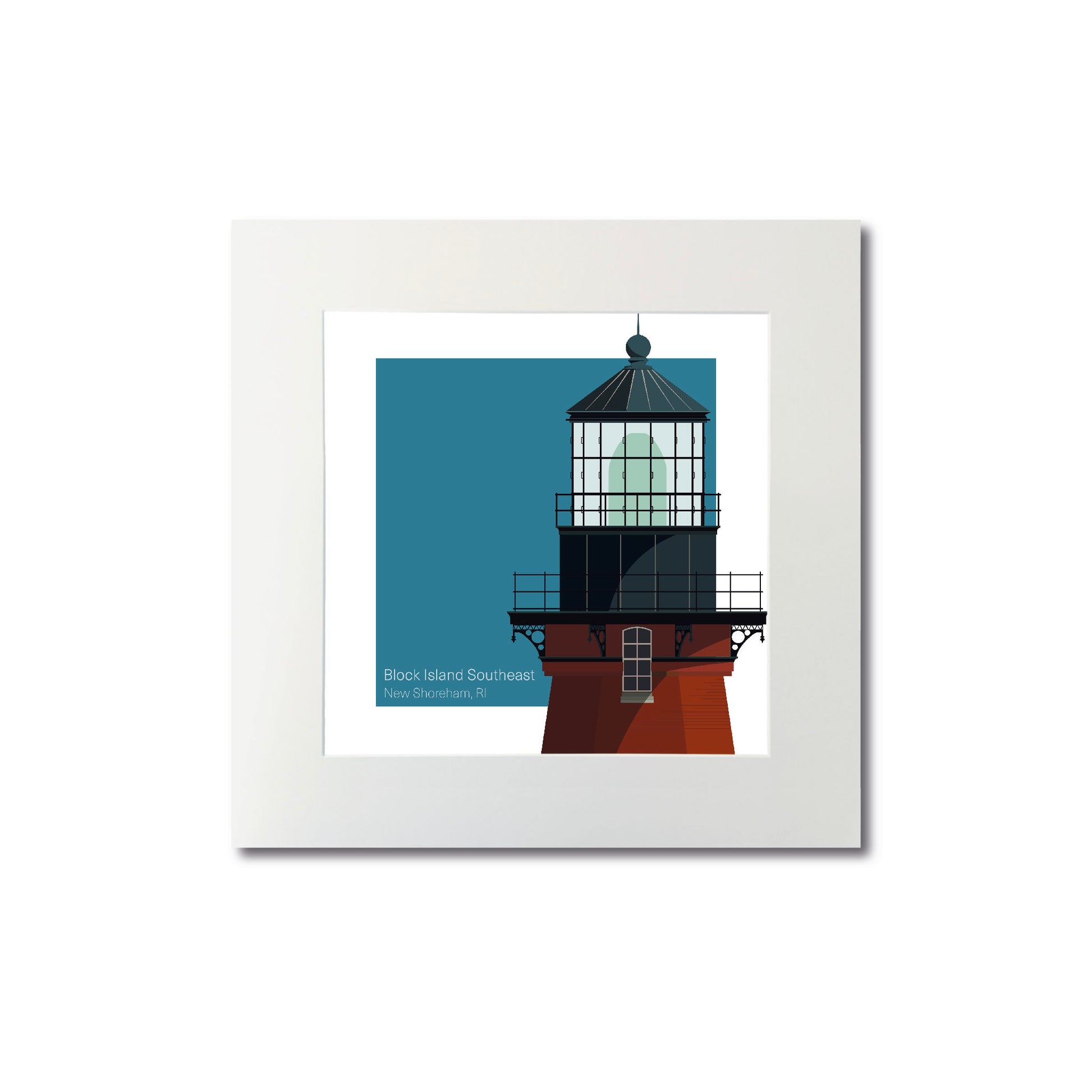 Illustration of the Block Island Southeast lighthouse, RI, USA. On a white background with aqua blue square as a backdrop., mounted and measuring 8"x8" (20x20cm).
