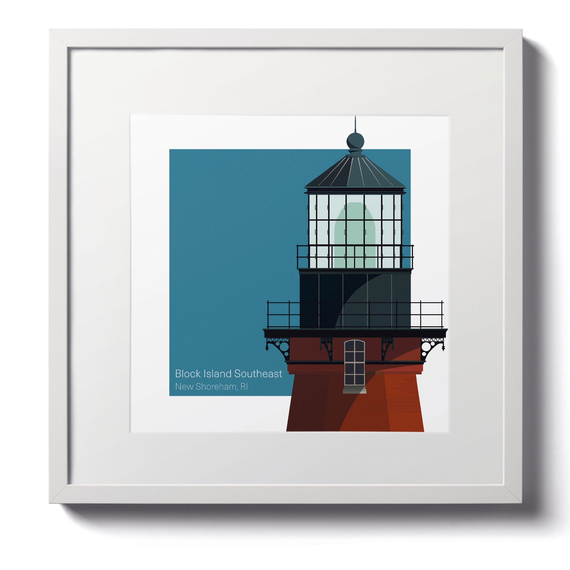 Illustration of the Block Island Southeast lighthouse, RI, USA. On a white background with aqua blue square as a backdrop., in a white frame  and measuring 12"x12" (30x30cm).