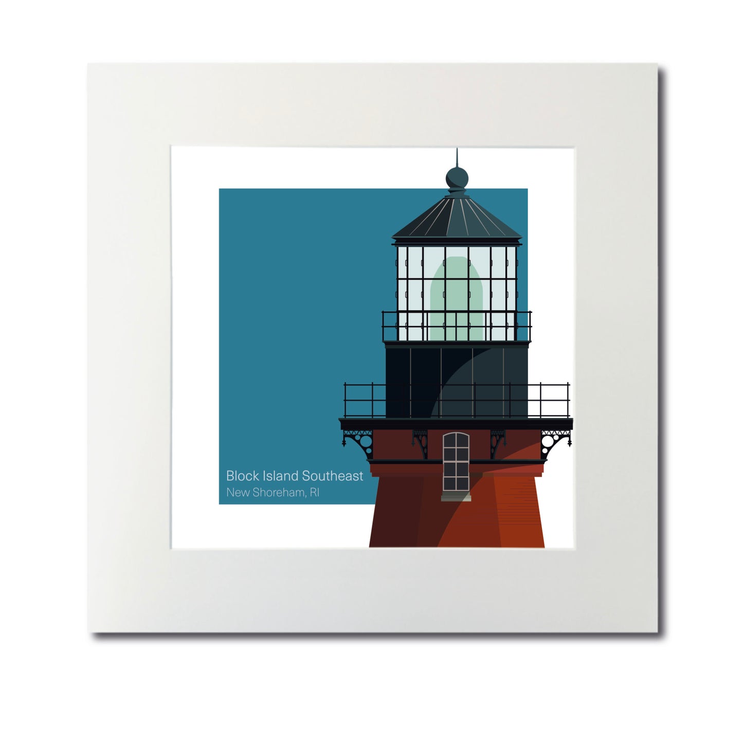 Illustration of the Block Island Southeast lighthouse, RI, USA. On a white background with aqua blue square as a backdrop., mounted and measuring 12"x12" (30x30cm).
