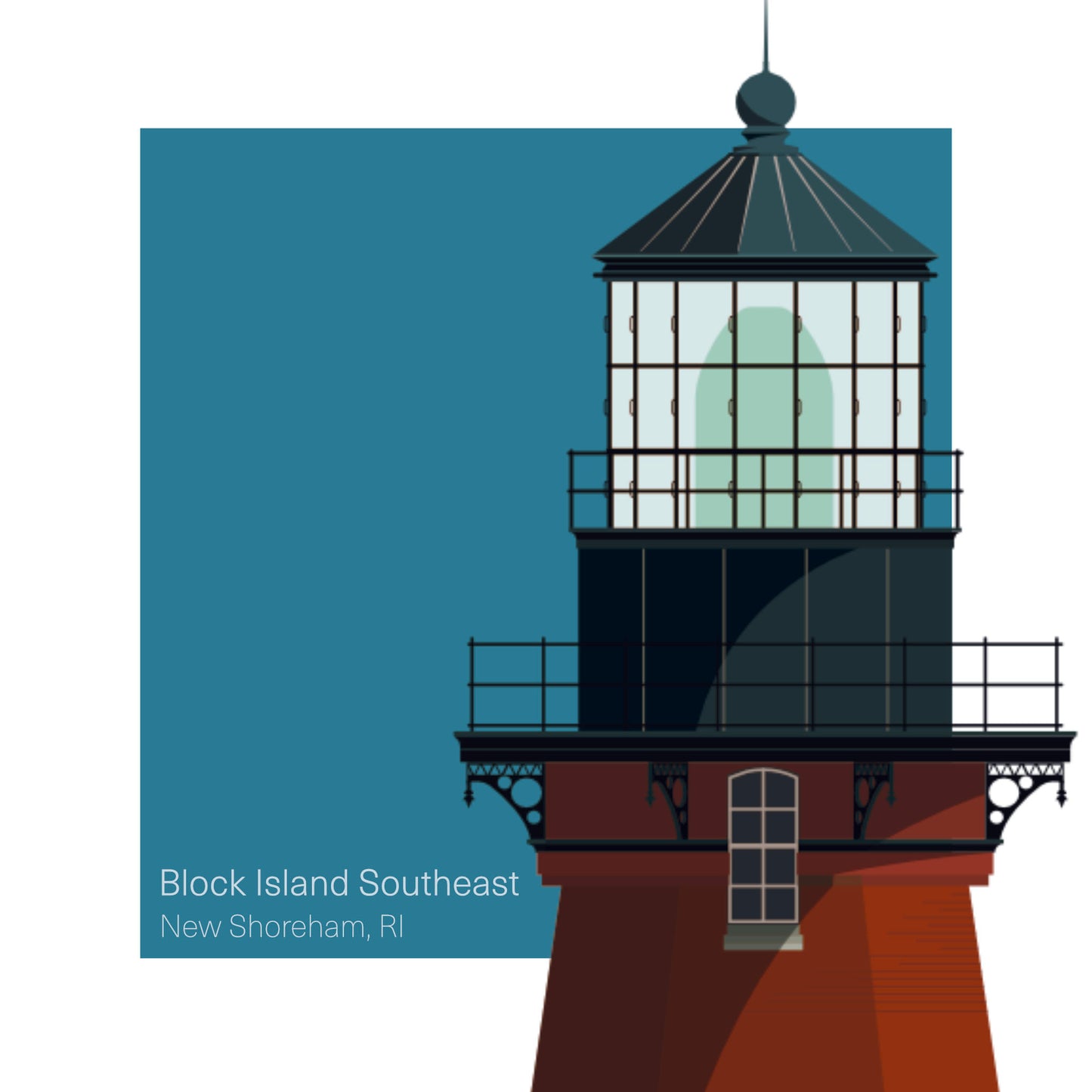 Illustration of the Block Island Southeast lighthouse, RI, USA. On a white background with aqua blue square as a backdrop.