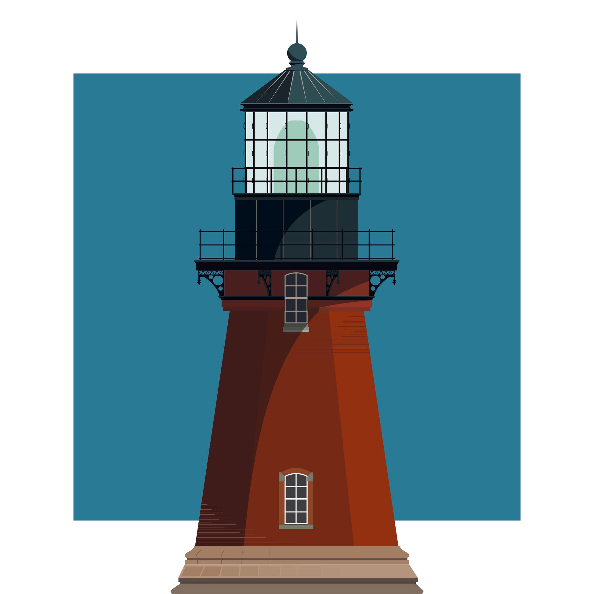 Illustration of the Block Island Southeast lighthouse, Rhode Island, USA. On a white background with aqua blue square as a backdrop.