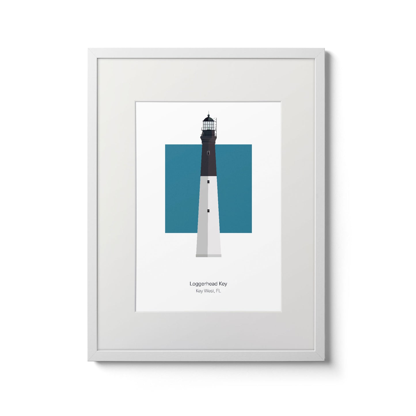Illustration of the Loggerhead lighthouse, Florida, USA. On a white background with aqua blue square as a backdrop., in a white frame  and measuring 11"x14" (30x40cm).