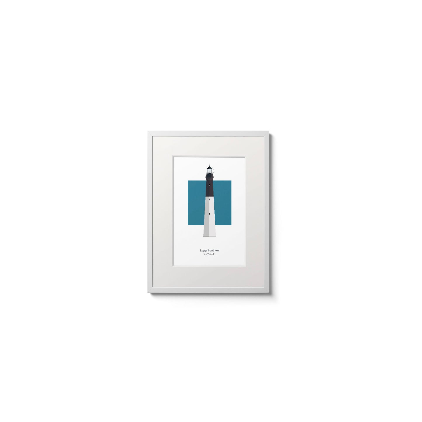 Illustration of the Loggerhead lighthouse, Florida, USA. On a white background with aqua blue square as a backdrop., in a white frame  and measuring 6"x8" (15x20cm).