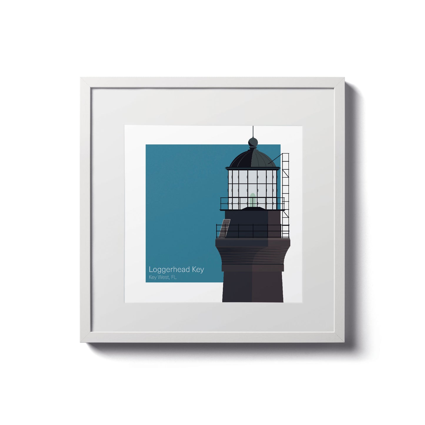 Illustration of the Loggerhead lighthouse, FL, USA. On a white background with aqua blue square as a backdrop., in a white frame  and measuring 8"x8" (20x20cm).