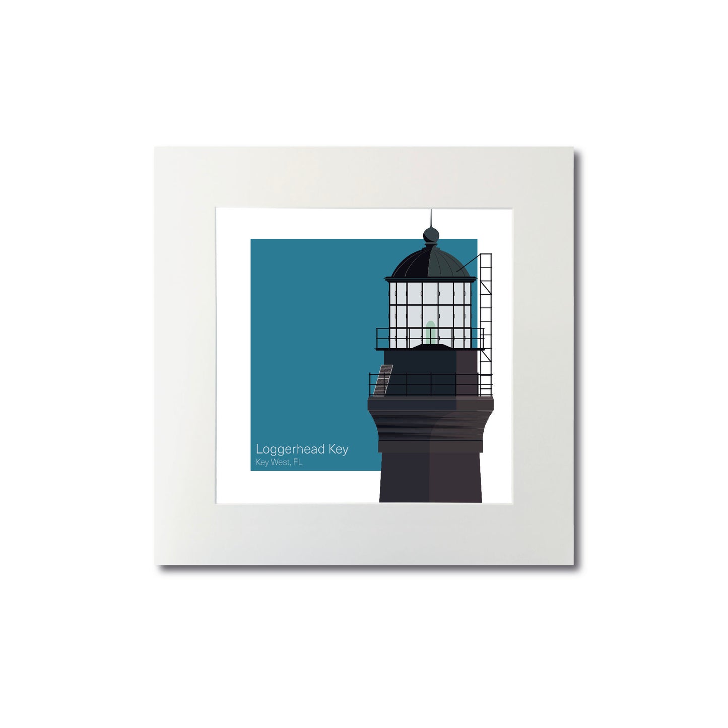 Illustration of the Loggerhead lighthouse, FL, USA. On a white background with aqua blue square as a backdrop., mounted and measuring 8"x8" (20x20cm).