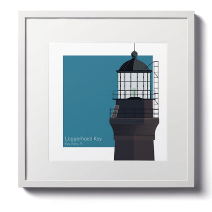 Illustration of the Loggerhead lighthouse, FL, USA. On a white background with aqua blue square as a backdrop., in a white frame  and measuring 12"x12" (30x30cm).