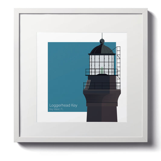 Illustration of the Loggerhead lighthouse, FL, USA. On a white background with aqua blue square as a backdrop., in a white frame  and measuring 12"x12" (30x30cm).