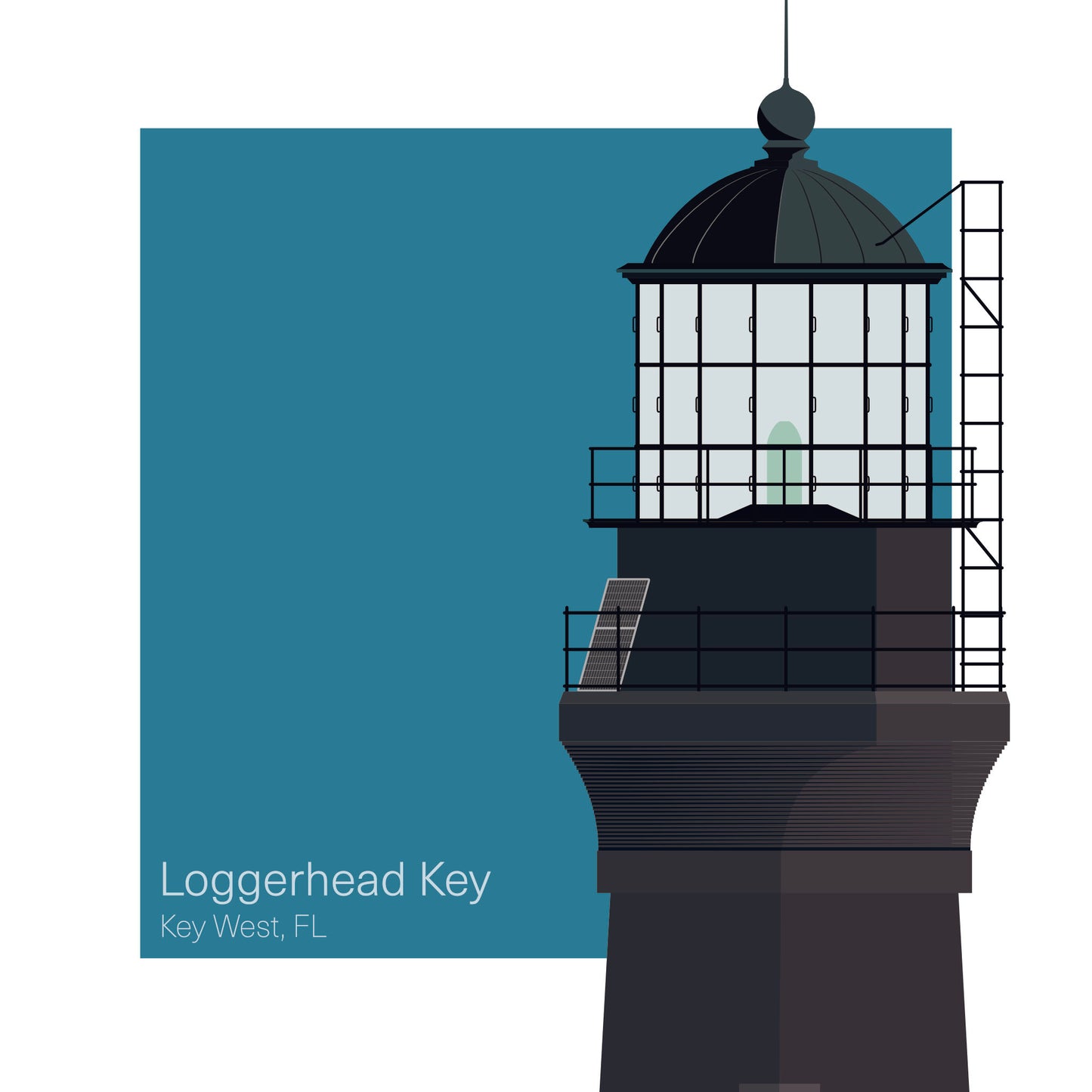 Illustration of the Loggerhead lighthouse, FL, USA. On a white background with aqua blue square as a backdrop.