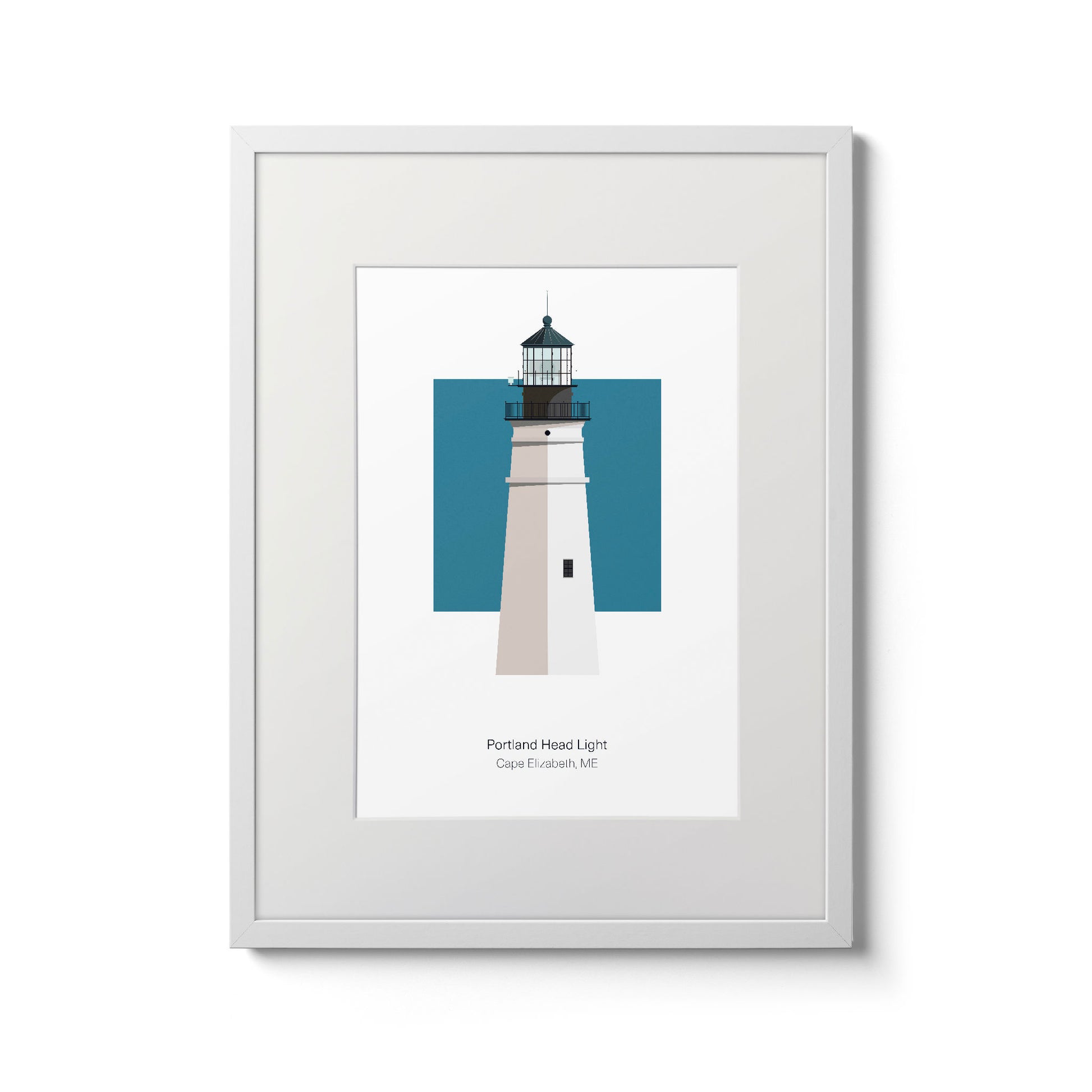 Illustration of the Portland Head lighthouse, Maine, USA. On a white background with aqua blue square as a backdrop., in a white frame  and measuring 11"x14" (30x40cm).