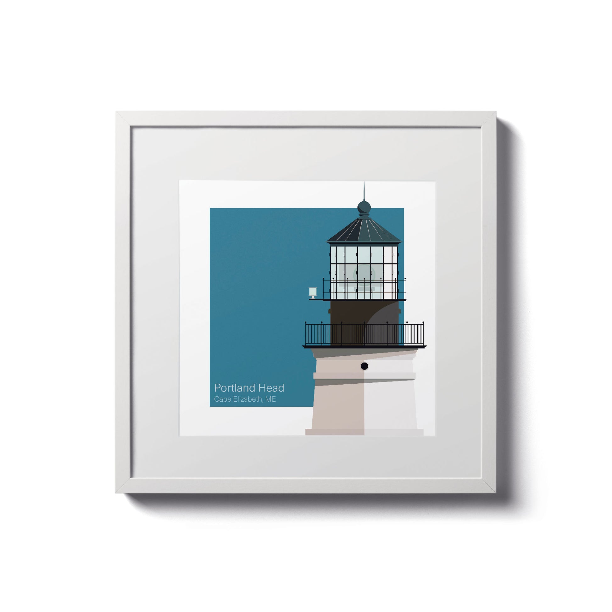 Illustration of the Portland Head lighthouse, ME, USA. On a white background with aqua blue square as a backdrop., in a white frame  and measuring 8"x8" (20x20cm).