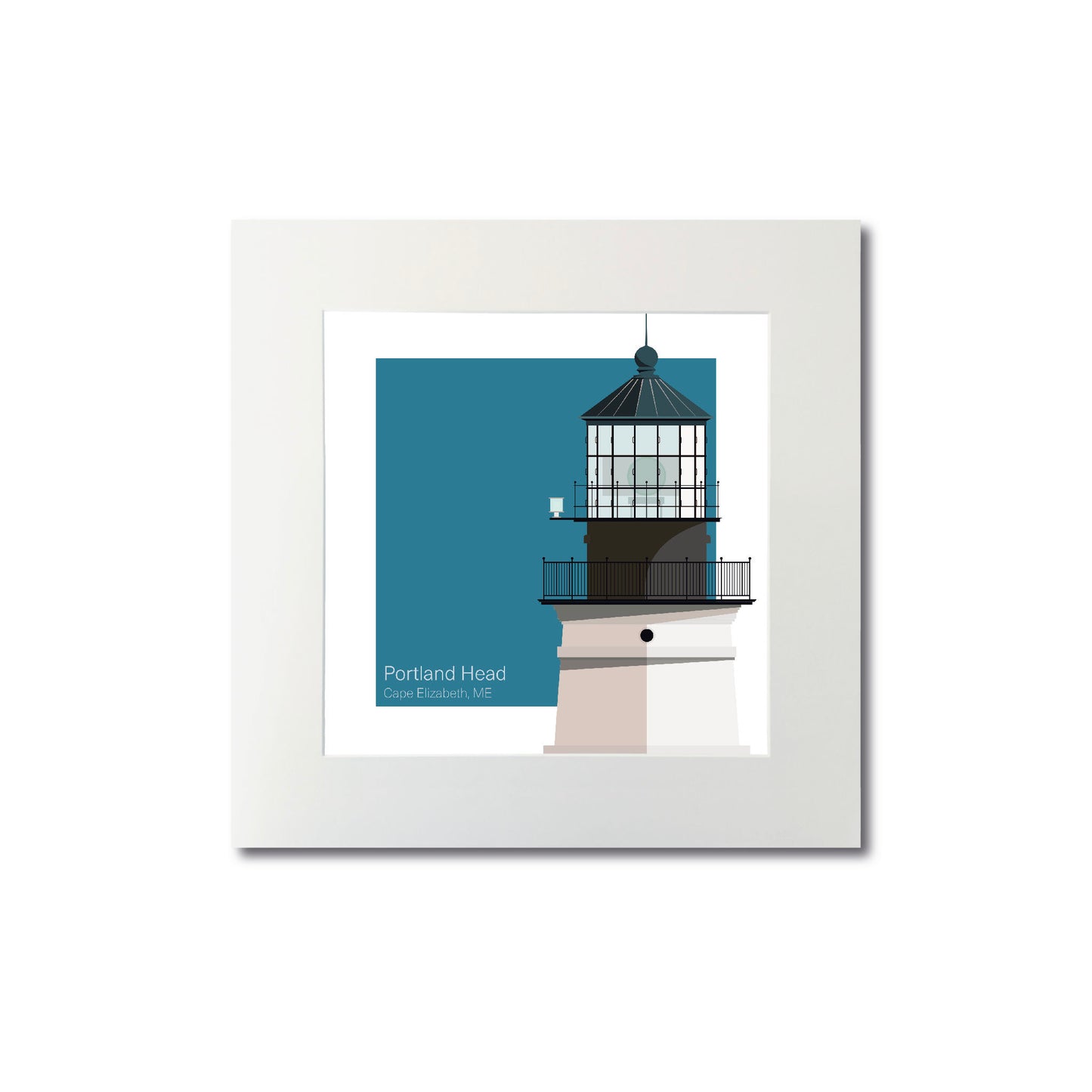 Illustration of the Portland Head lighthouse, ME, USA. On a white background with aqua blue square as a backdrop., mounted and measuring 8"x8" (20x20cm).