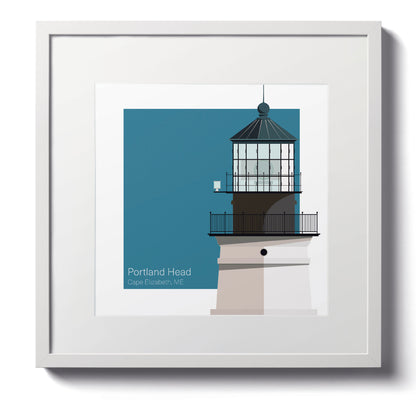 Illustration of the Portland Head lighthouse, ME, USA. On a white background with aqua blue square as a backdrop., in a white frame  and measuring 12"x12" (30x30cm).