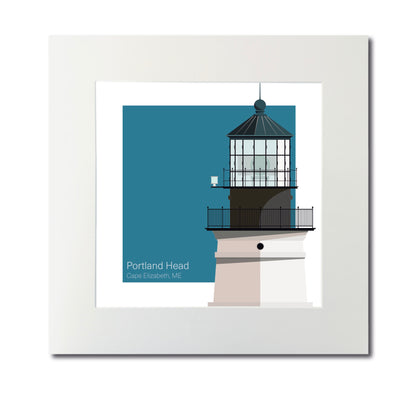Illustration of the Portland Head lighthouse, ME, USA. On a white background with aqua blue square as a backdrop., mounted and measuring 12"x12" (30x30cm).