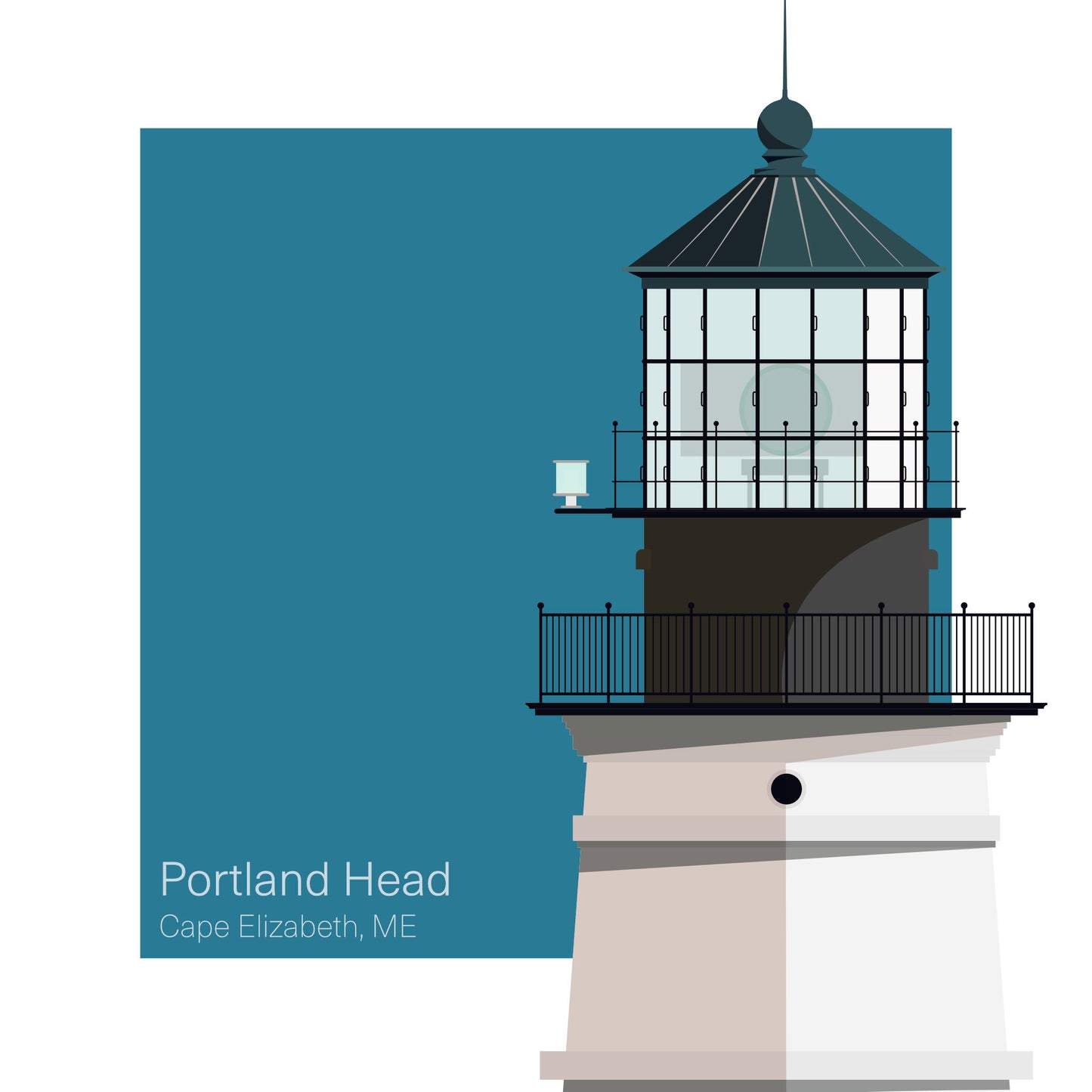 Illustration of the Portland Head lighthouse, ME, USA. On a white background with aqua blue square as a backdrop.