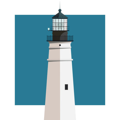 Illustration of the Portland Head lighthouse, Maine, USA. On a white background with aqua blue square as a backdrop.