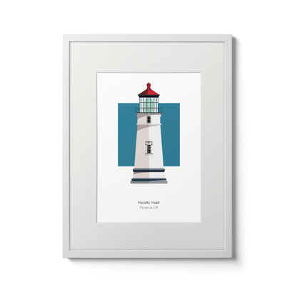 Illustration of the Heceta Head lighthouse, Oregon, USA. On a white background with aqua blue square as a backdrop., in a white frame  and measuring 11"x14" (30x40cm).