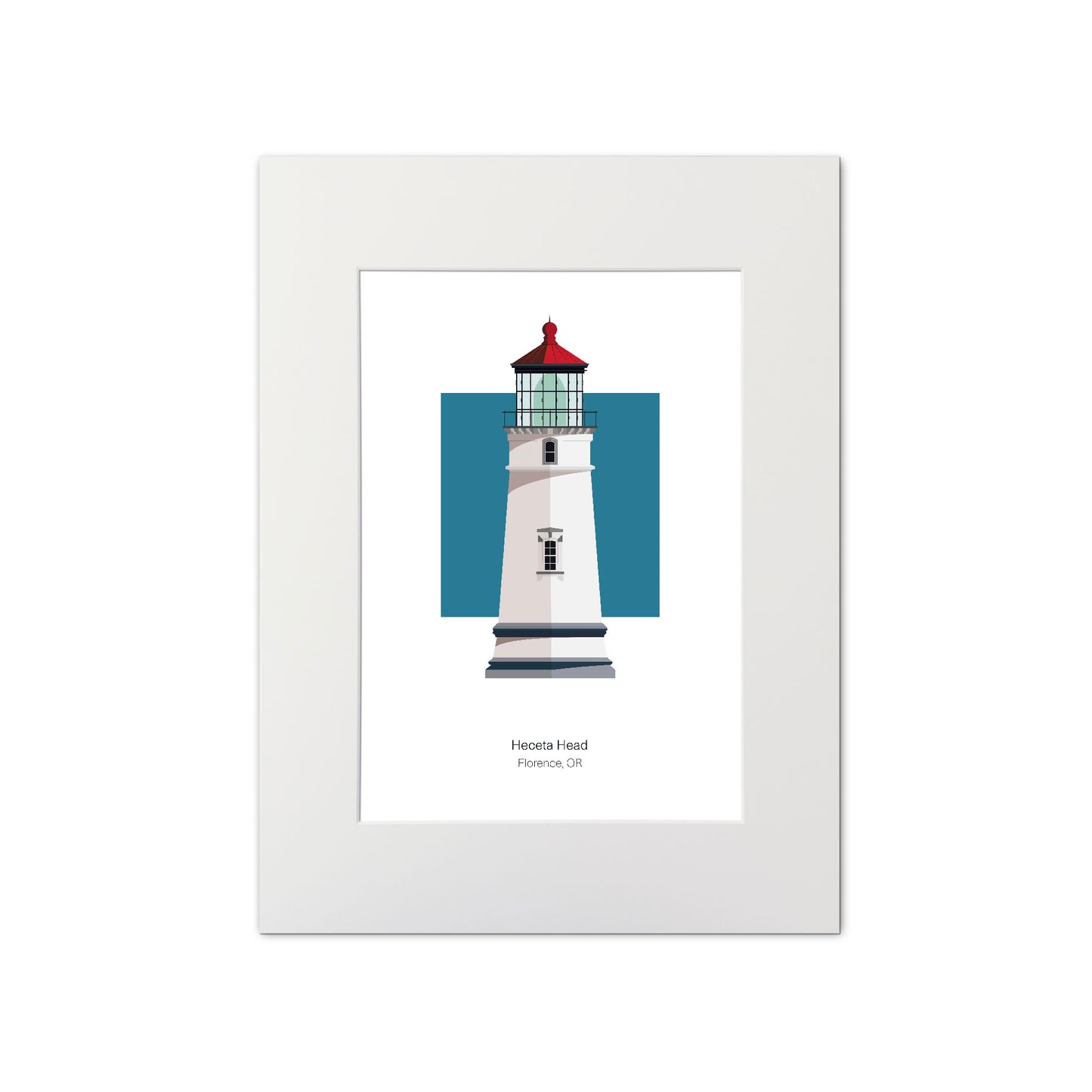 Illustration of the Heceta Head lighthouse, Oregon, USA. On a white background with aqua blue square as a backdrop., mounted and measuring 11"x14" (30x40cm).