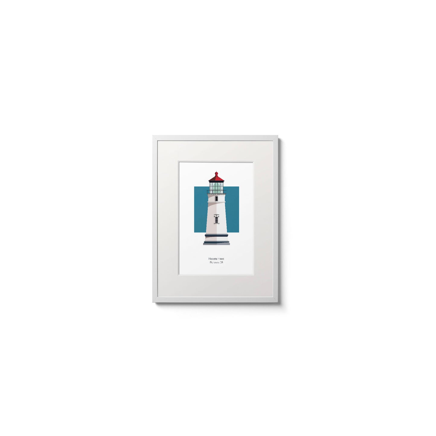 Illustration of the Heceta Head lighthouse, Oregon, USA. On a white background with aqua blue square as a backdrop., in a white frame  and measuring 6"x8" (15x20cm).