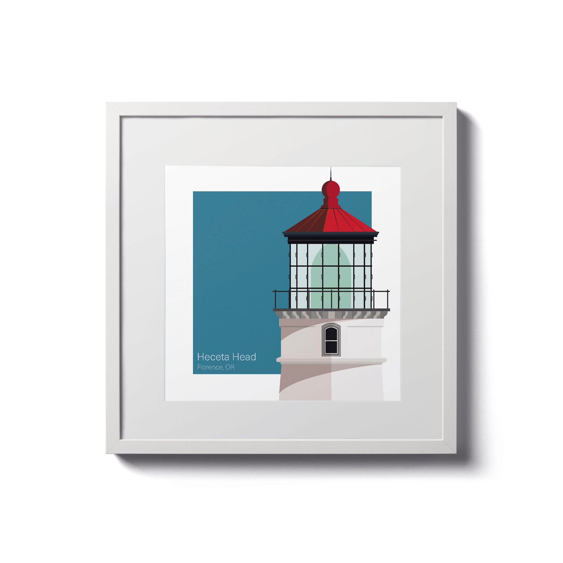 Illustration of the Heceta Head lighthouse, OR, USA. On a white background with aqua blue square as a backdrop., in a white frame  and measuring 8"x8" (20x20cm).