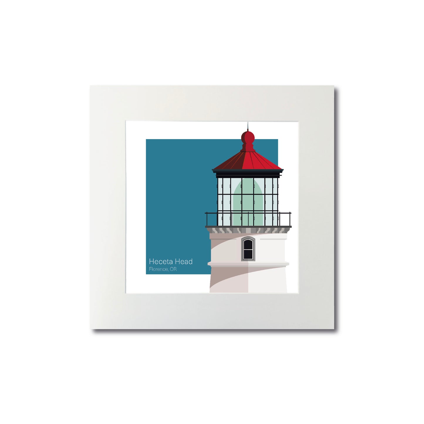 Illustration of the Heceta Head lighthouse, OR, USA. On a white background with aqua blue square as a backdrop., mounted and measuring 8"x8" (20x20cm).