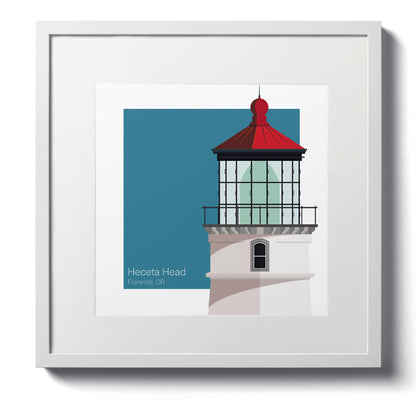 Illustration of the Heceta Head lighthouse, OR, USA. On a white background with aqua blue square as a backdrop., in a white frame  and measuring 12"x12" (30x30cm).