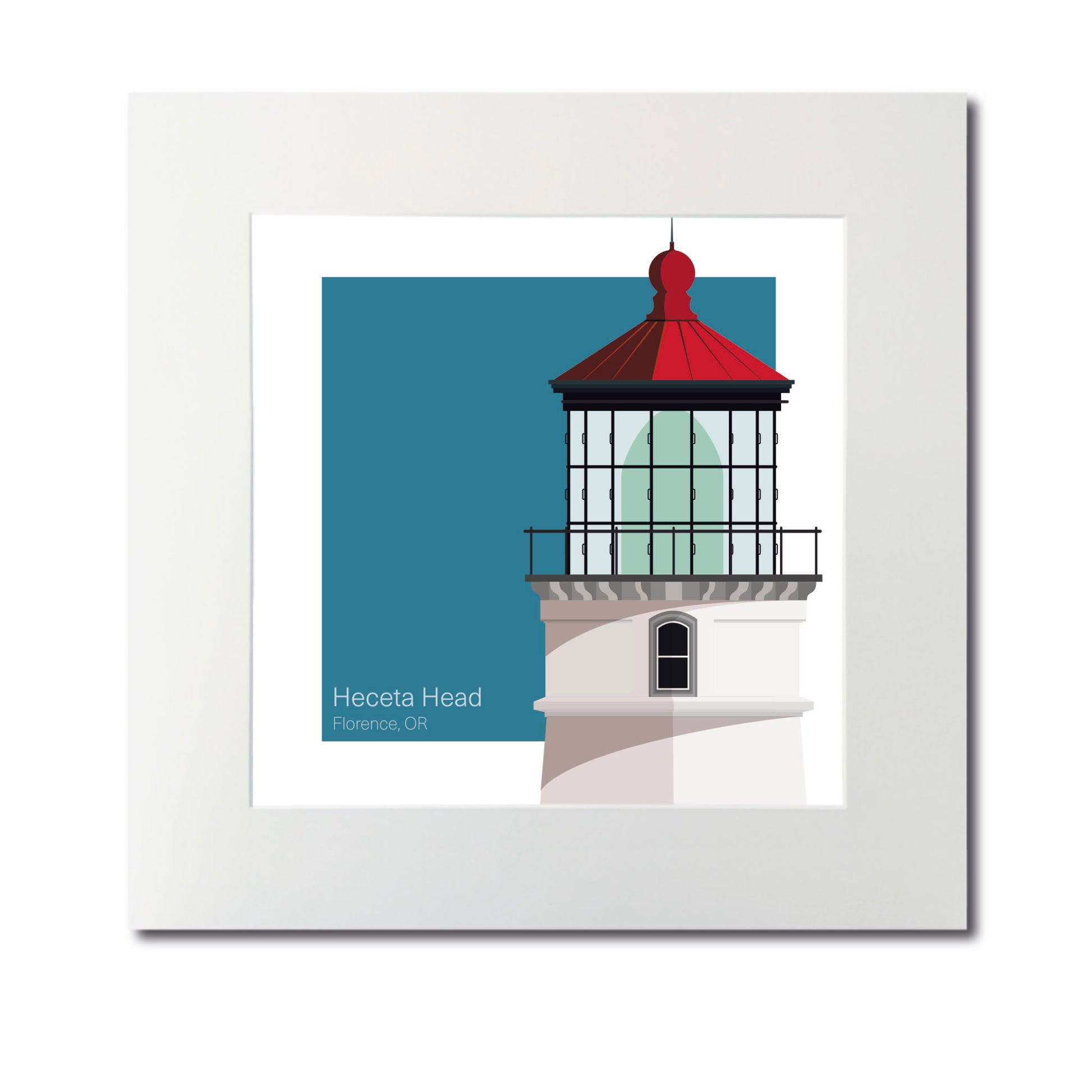 Illustration of the Heceta Head lighthouse, OR, USA. On a white background with aqua blue square as a backdrop., mounted and measuring 12"x12" (30x30cm).