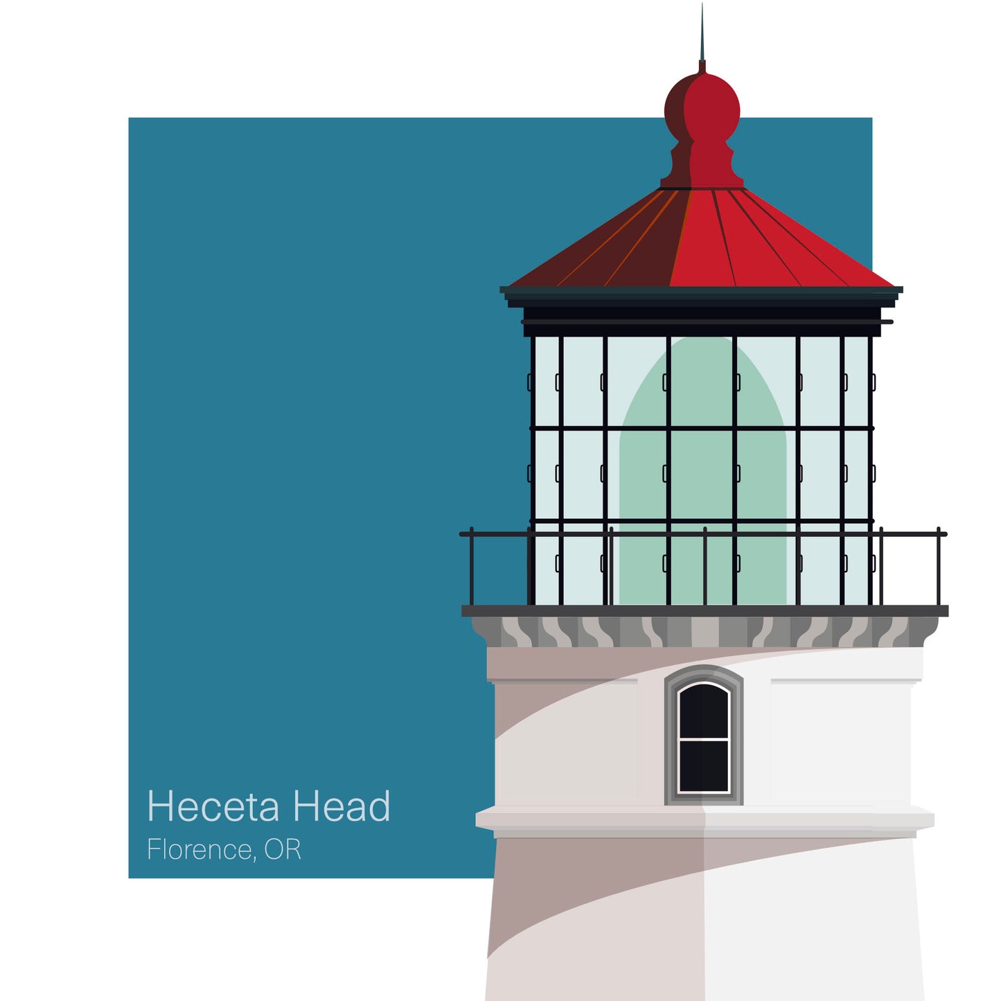 Illustration of the Heceta Head lighthouse, OR, USA. On a white background with aqua blue square as a backdrop.