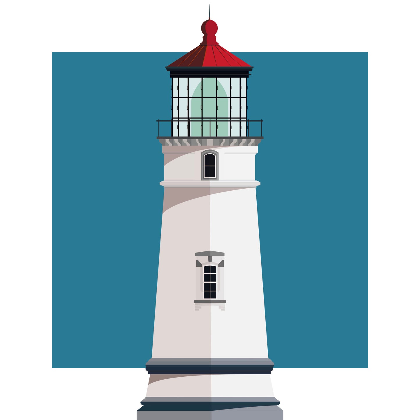 Illustration of the Heceta Head lighthouse, Oregon, USA. On a white background with aqua blue square as a backdrop.