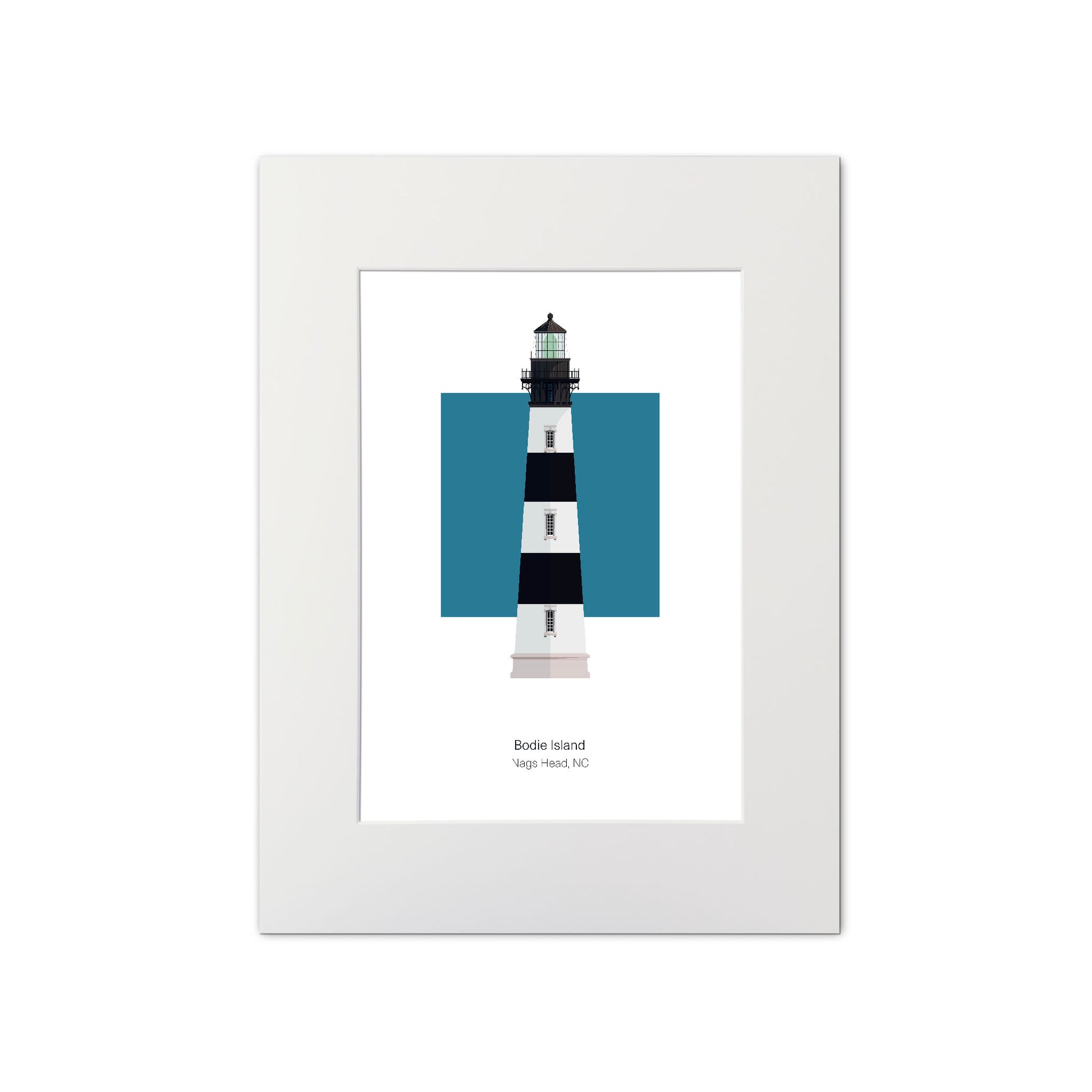 Illustration of the Bodie Island lighthouse, North Carolina, USA. On a white background with aqua blue square as a backdrop., mounted and measuring 11"x14" (30x40cm).