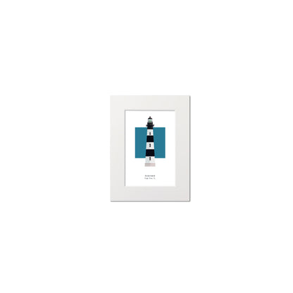 Illustration of the Bodie Island lighthouse, North Carolina, USA. On a white background with aqua blue square as a backdrop., mounted and measuring 6"x8" (15x20cm).