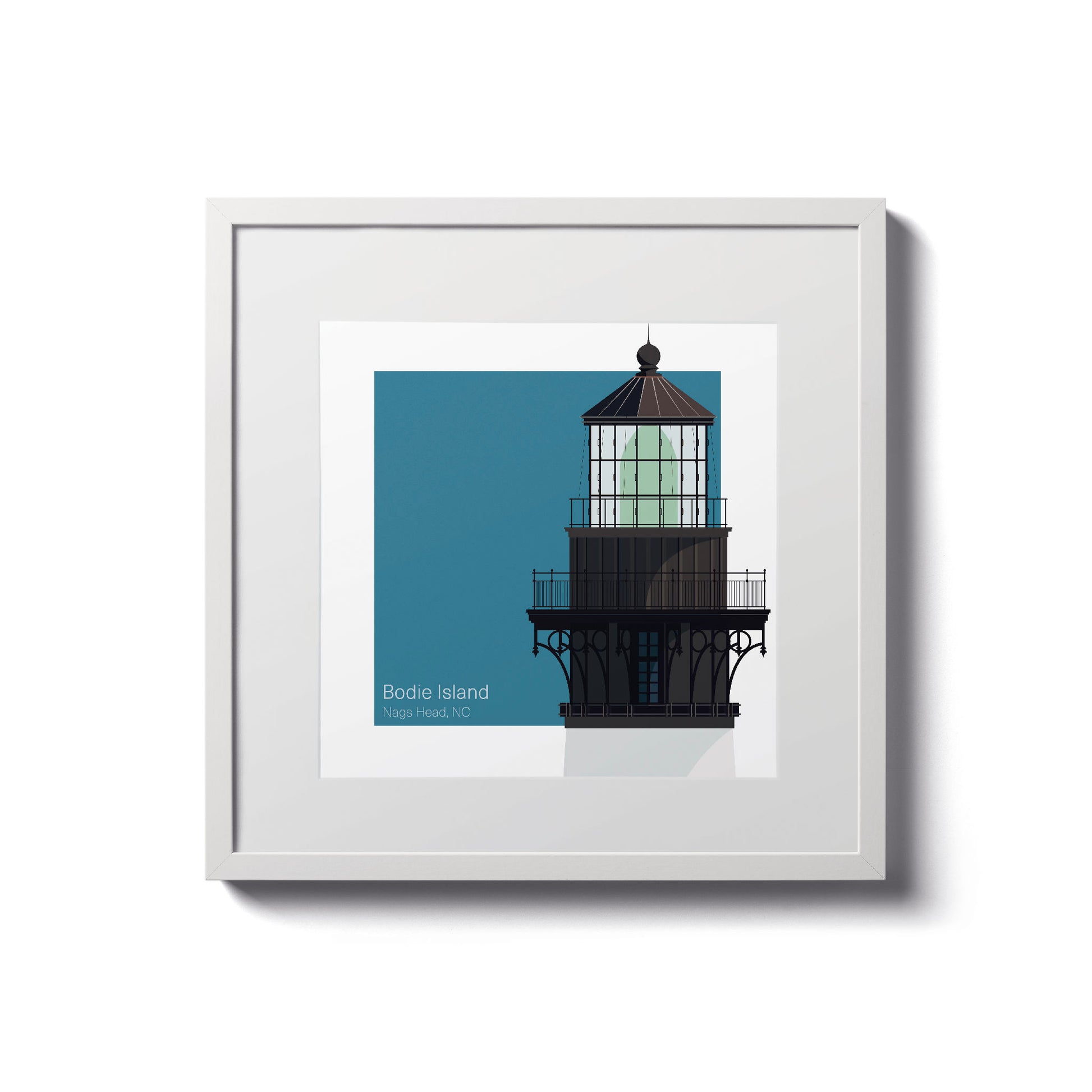 Illustration of the Bodie Island lighthouse, NC, USA. On a white background with aqua blue square as a backdrop., in a white frame  and measuring 8"x8" (20x20cm).