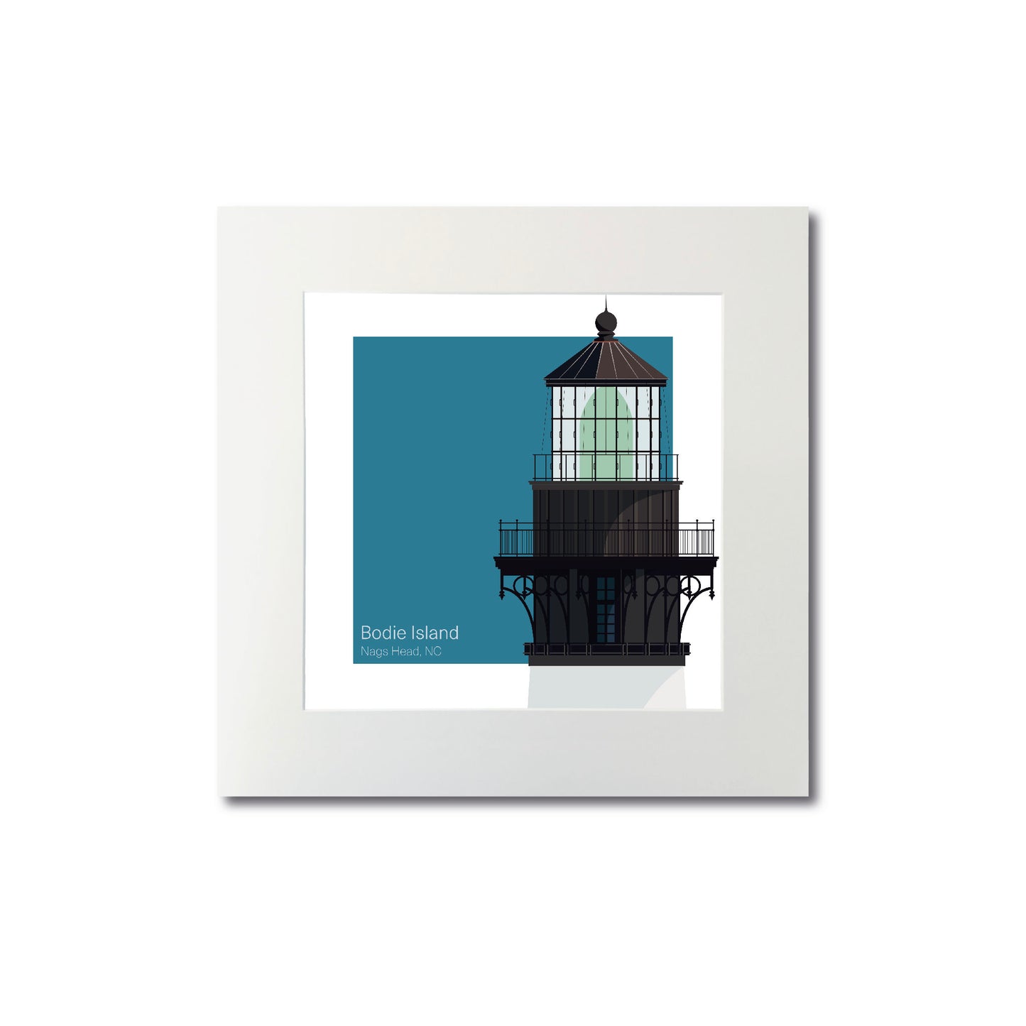 Illustration of the Bodie Island lighthouse, NC, USA. On a white background with aqua blue square as a backdrop., mounted and measuring 8"x8" (20x20cm).
