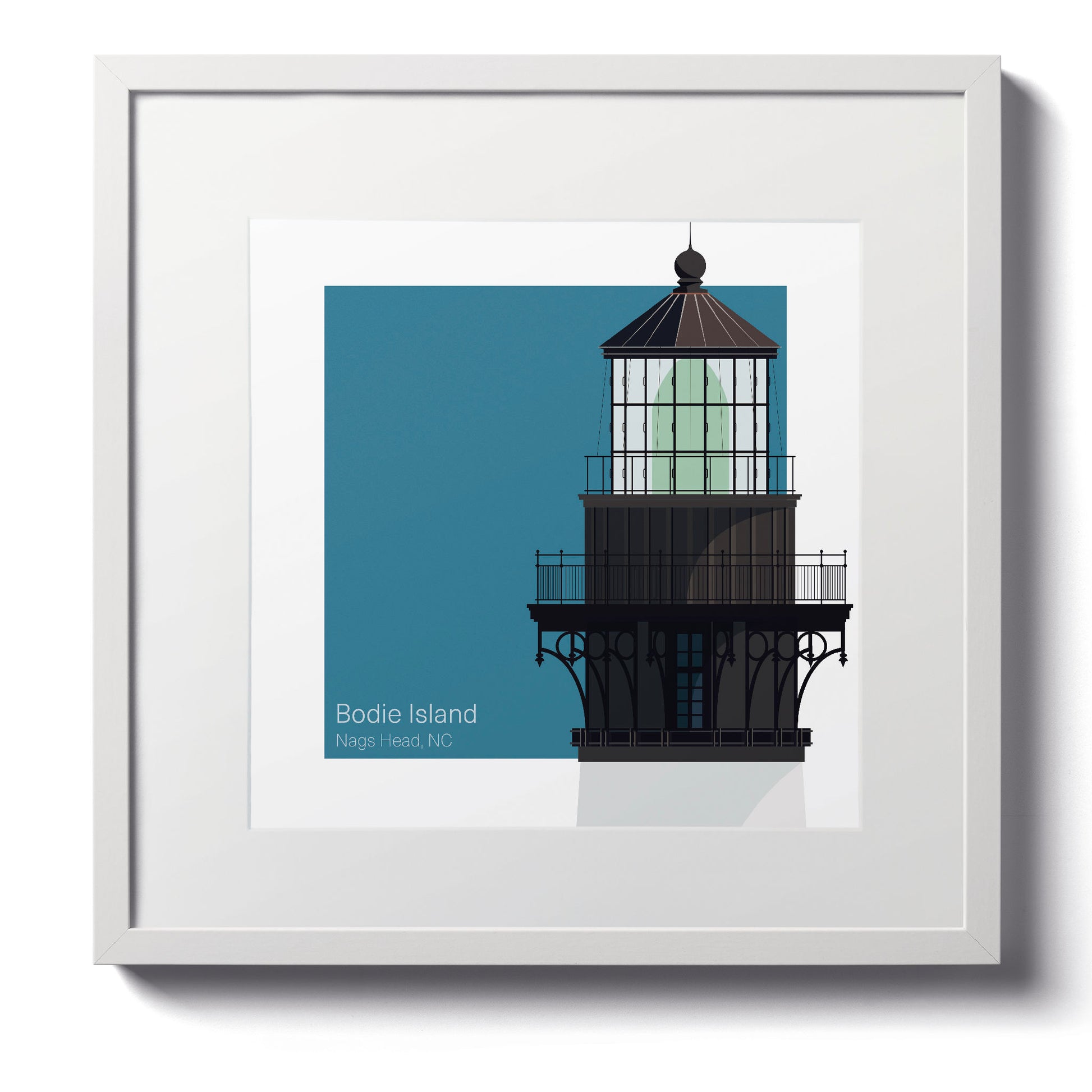 Illustration of the Bodie Island lighthouse, NC, USA. On a white background with aqua blue square as a backdrop., in a white frame  and measuring 12"x12" (30x30cm).