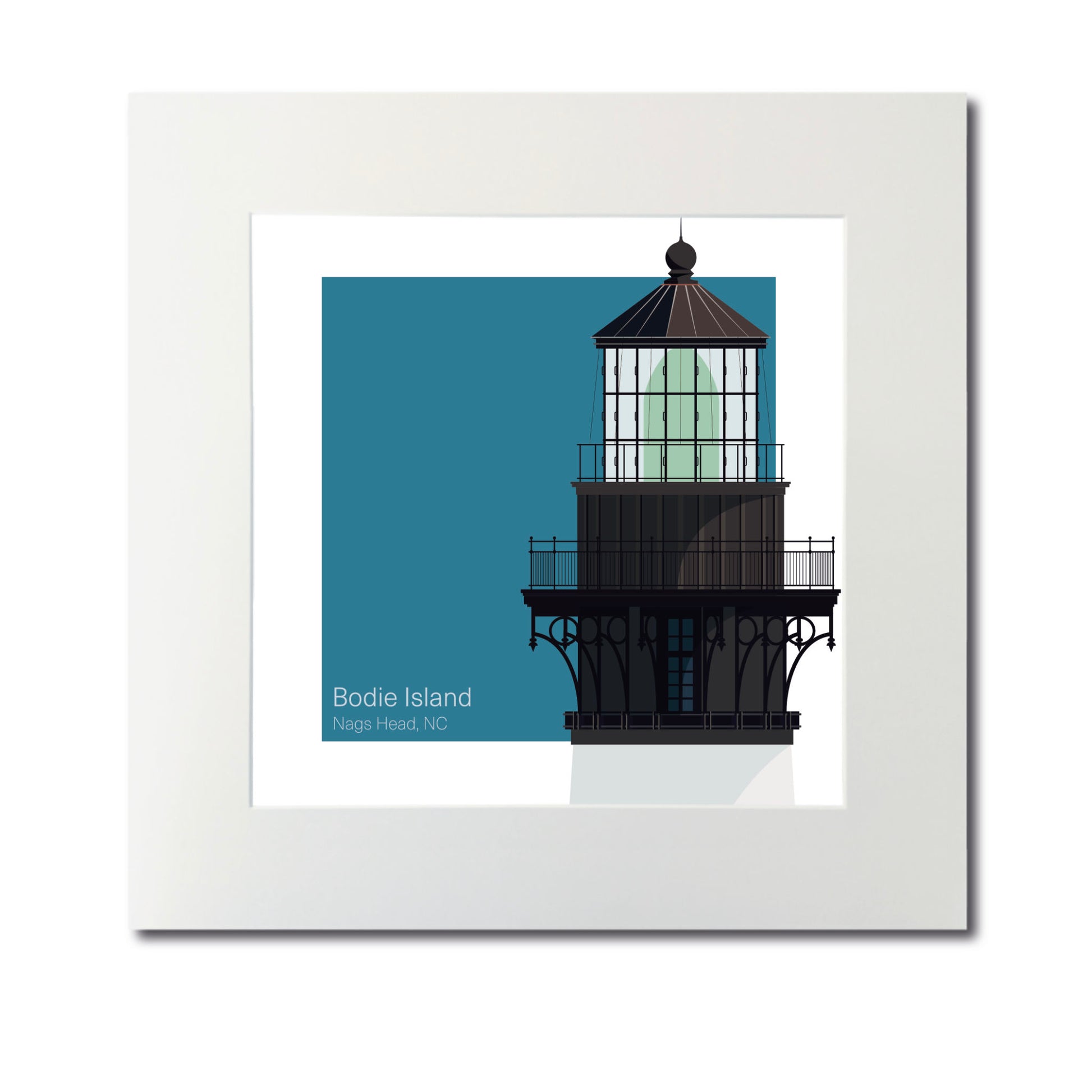 Illustration of the Bodie Island lighthouse, NC, USA. On a white background with aqua blue square as a backdrop., mounted and measuring 12"x12" (30x30cm).